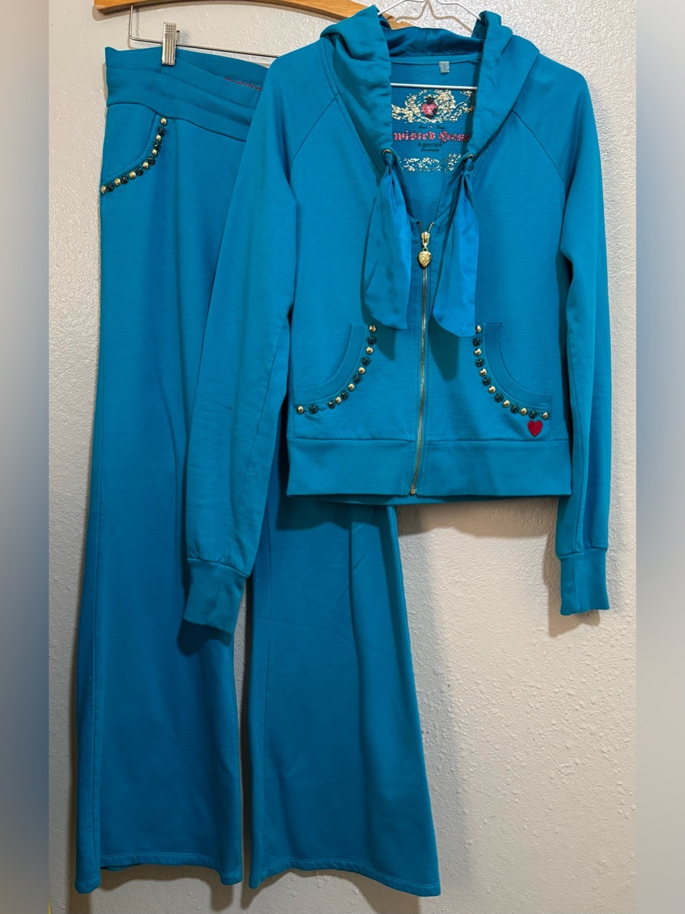Y2K TWISTED HEART Teal Blue Beaded Zip Hoodie/Pant Tracksuit W Sz. M/L Vintage